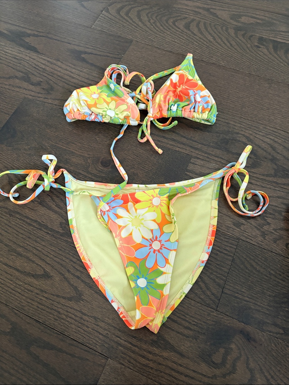 SHEIN Girls Floral Tie-Side Bikini in Orange, Yellow & Green
